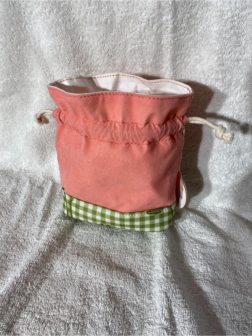 Coral Drawstring Cosmetic Pouch with Green Gingham Trim